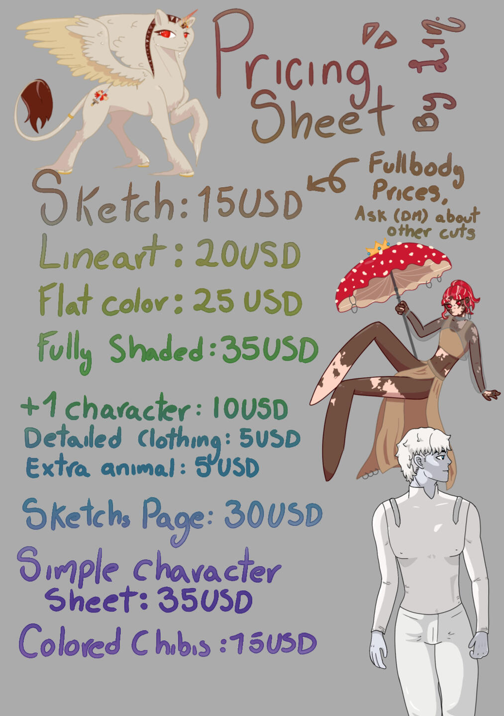 PRICING SHEET: 1 Character=20USD, +1 character= +10USD, detailled clothing= +5USD, animal companion= +5USD. Maps= 15USD, extra details= +2 - 10USD